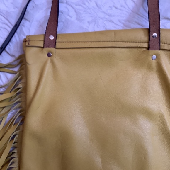 GUC handmade western fringe yellow leather with animal print crossbody - Picture 8 of 16